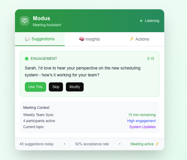Modus Meeting Assistant - Real-time meeting interface showing cue-card suggestions, participant insights, and productivity tracking